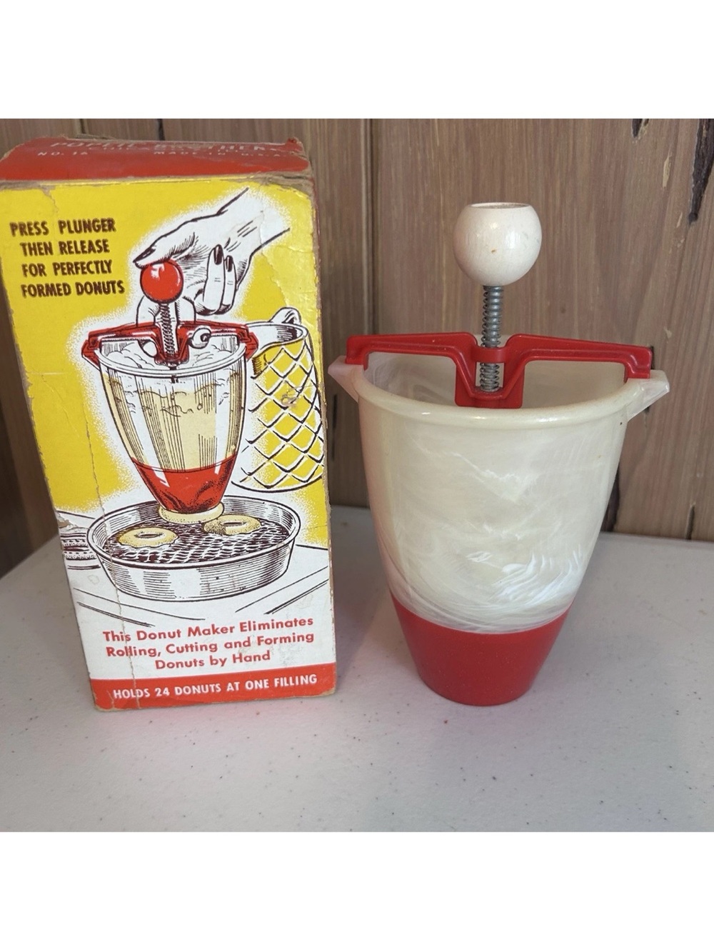 Vintage Popeil's Donut Maker Red and White Made in USA Donut Recipes on Box